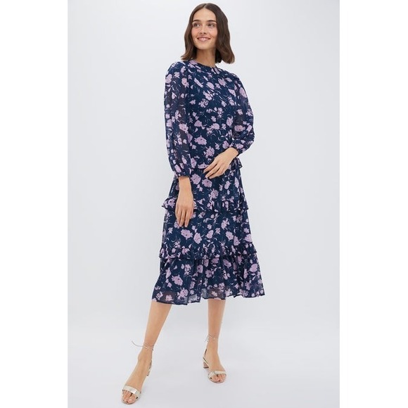 Tuckernuck Dresses & Skirts - Hyacinth House Navy‎ & Blush Abstract Floral Rosalind Ruffle Midi Dress Sz L